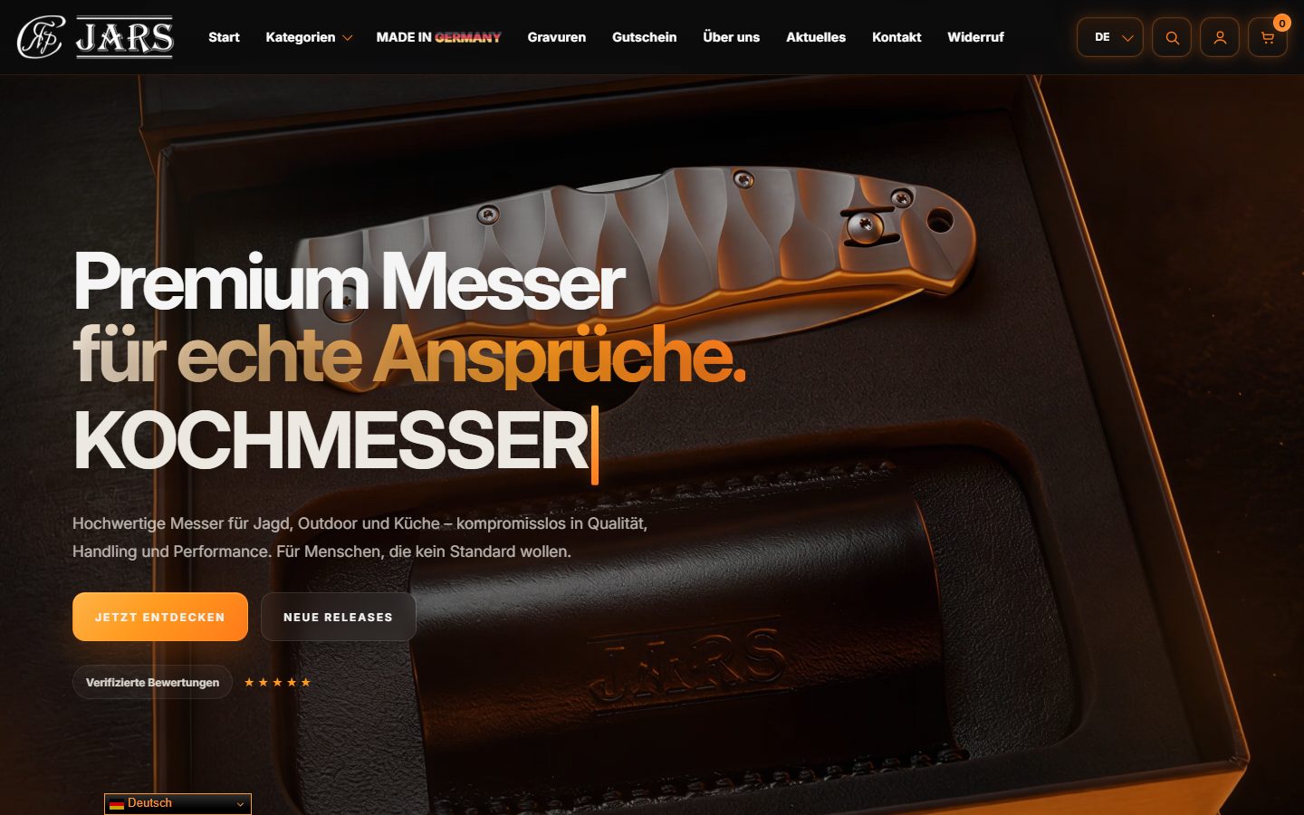 JARS Messer, Website von Blau Creative Studio (Messer-Manufaktur · Shop)